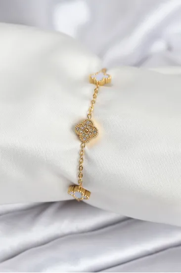 316L Çelik Gold Renk Beyaz ve Zirkon Taşlı Baby Boy Yonca Kadın Bileklik 316L Çelik Gold Renk Beyaz ve Zirkon Taşlı Baby Boy Yonca Kadın Bileklik