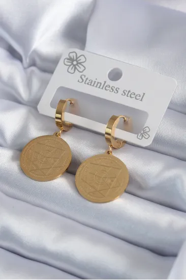 316L Çelik Gold Renk Pentagram İşleme Model Kadın Küpe 316L Çelik Gold Renk Pentagram İşleme Model Kadın Küpe