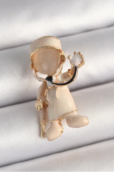 Pirinç Gold Renk Beyaz Mineli Doktor Model Kadın Broş Pirinç Gold Renk Beyaz Mineli Doktor Model Kadın Broş
