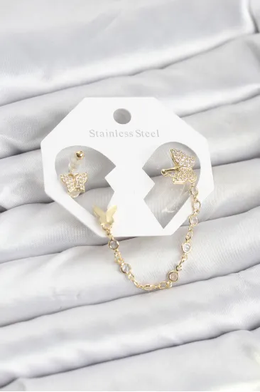 Kelebek Model Pirinç Gold Renk Zincir Bağlantılı Ear Cuff Küpe Seti Kelebek Model Pirinç Gold Renk Zincir Bağlantılı Ear Cuff Küpe Seti