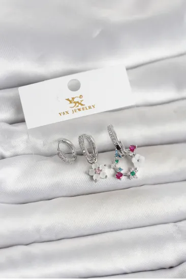 Pirinç Gümüş Renk Çiçek Model 3'lü Kadın Küpe