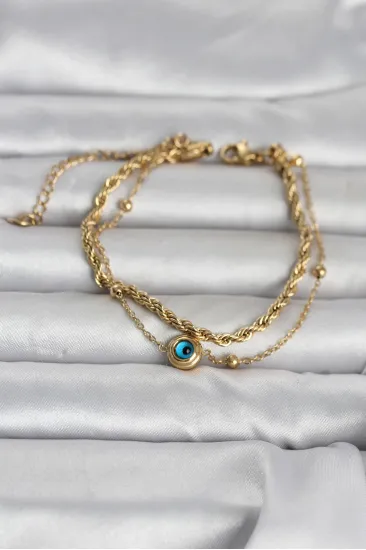 316L Çelik Gold Renk Burgu Zincir ve Nazarlı Kadın Bileklik 316L Çelik Gold Renk Burgu Zincir ve Nazarlı Kadın Bileklik