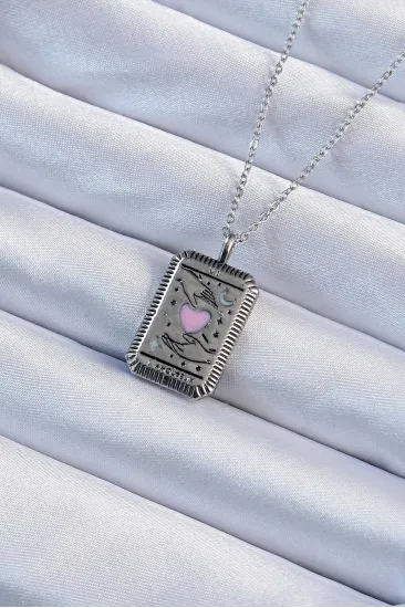 316L Çelik Zincir Eskitme Gümüş Renk Pembe Mineli Kalp Figürlü Tarot Kolye 316L Çelik Zincir Eskitme Gümüş Renk Pembe Mineli Kalp Figürlü Tarot Kolye