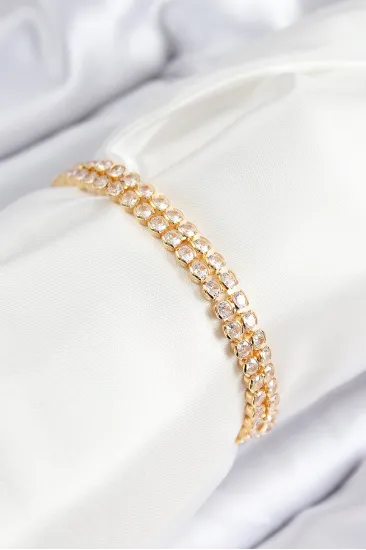 Pirinç Zirkon Taşlı Çift Sıra Model Gold Renk Asansörlü Kadın Bileklik Pirinç Zirkon Taşlı Çift Sıra Model Gold Renk Asansörlü Kadın Bileklik