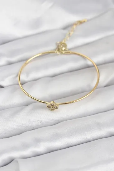 Zirkon Taşlı Yonca Model Gold Renk Kadın Bileklik Zirkon Taşlı Yonca Model Gold Renk Kadın Bileklik