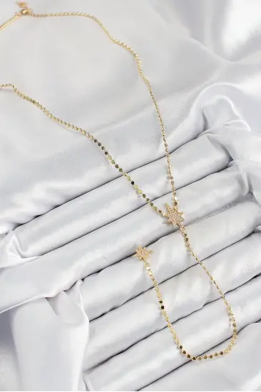Pirinç Zirkon Taşlı Ezme Zincirli Kutup Yıldızı Model Gold Renk Y Kolye Pirinç Zirkon Taşlı Ezme Zincirli Kutup Yıldızı Model Gold Renk Y Kolye