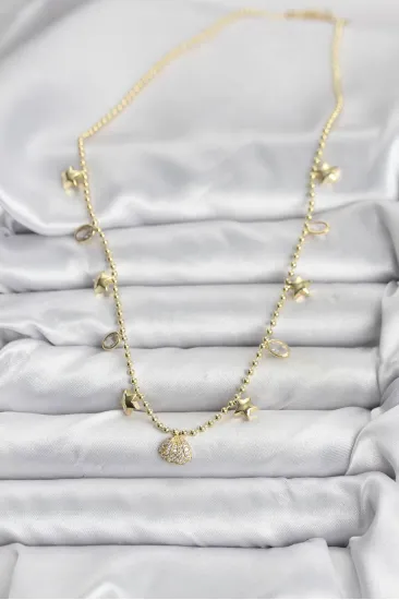 Pirinç Gold Renk Zirkon Taşlı Deniz Kabuğu Model Kadın Kolye