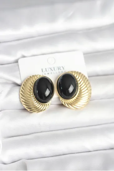 Pirinç Gold Renk Siyah Boncuklu Oval Vintage Kadın Küpe Pirinç Gold Renk Siyah Boncuklu Oval Vintage Kadın Küpe