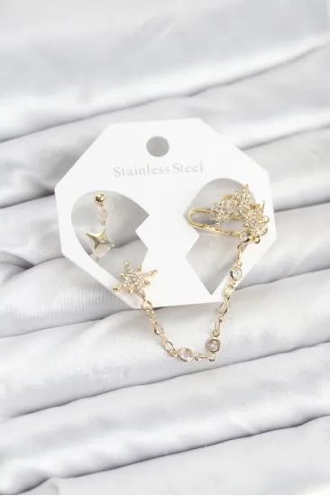 Kutup Yıldızı Model Pirinç Gold Renk Zincir Bağlantılı Ear Cuff Küpe Seti Kutup Yıldızı Model Pirinç Gold Renk Zincir Bağlantılı Ear Cuff Küpe Seti