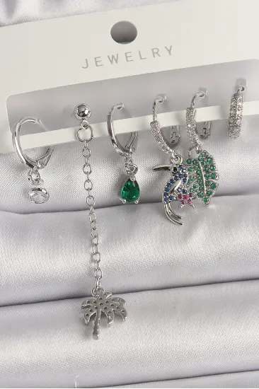 Pirinç Gümüş Renk Sallantı Zirkon Taşlı Ağaç Figür Çoklu Kadın Küpe Seti Pirinç Gümüş Renk Sallantı Zirkon Taşlı Ağaç Figür Çoklu Kadın Küpe Seti