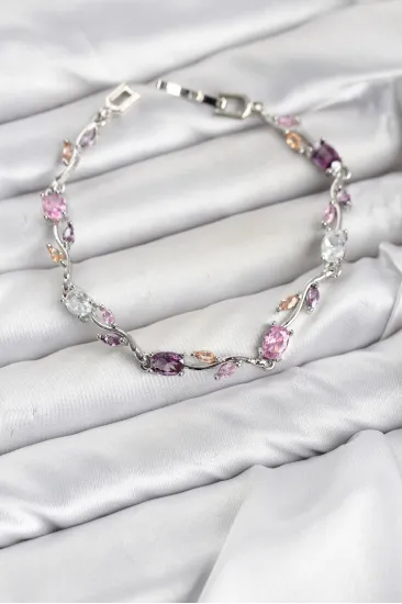 Pirinç Gümüş Renk Pembe ve Mor Zirkon Taşlı Çiçek Model Kadın Bileklik Pirinç Gümüş Renk Pembe ve Mor Zirkon Taşlı Çiçek Model Kadın Bileklik