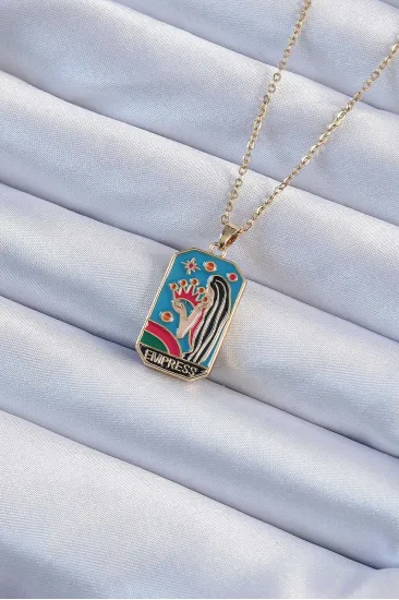 316L Çelik Zincir Altın Renk Taç ve Kız Figürlü Renkli Mineli Tarot Kolye 316L Çelik Zincir Altın Renk Taç ve Kız Figürlü Renkli Mineli Tarot Kolye