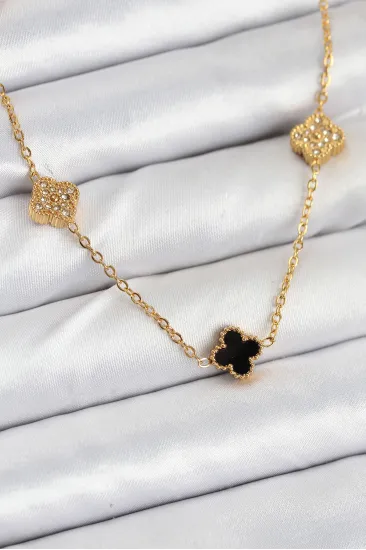 316L Çelik Zincir Gold Renk Siyah ve Zirkon Taşlı Baby Boy Yonca Kadın Kolye 316L Çelik Zincir Gold Renk Siyah ve Zirkon Taşlı Baby Boy Yonca Kadın Kolye