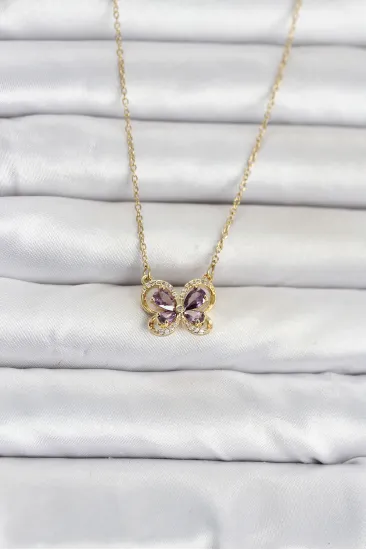 316L Çelik Zincir Gold Renk Mor Kelebek Model Kadın Kolye 316L Çelik Zincir Gold Renk Mor Kelebek Model Kadın Kolye