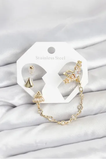 Pirinç Gold Renk Yıldızlı Model Zincir Bağlantılı Ear Cuff Küpe Seti Pirinç Gold Renk Yıldızlı Model Zincir Bağlantılı Ear Cuff Küpe Seti