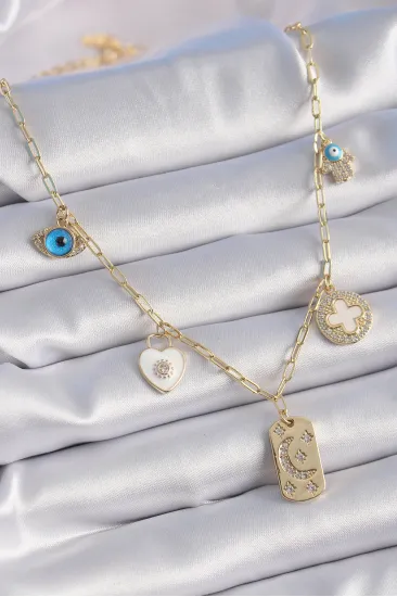 Gold Renk Zirkon Taşlı Çoklu Figür Model Şans Kolyesi Gold Renk Zirkon Taşlı Çoklu Figür Model Şans Kolyesi