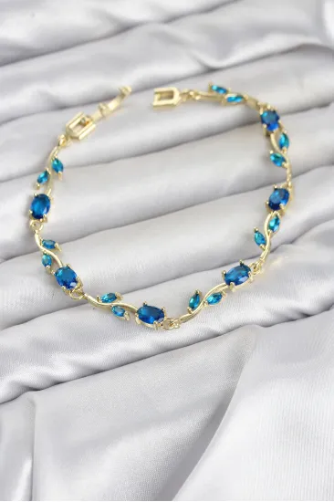 Pirinç Gold Renk Mavi Zirkon Taşlı Çiçek Model Kadın Bileklik Pirinç Gold Renk Mavi Zirkon Taşlı Çiçek Model Kadın Bileklik