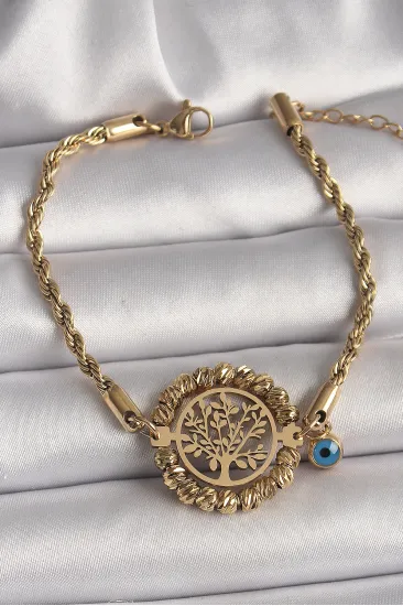 316L Çelik Gold Renk Burgu Zincir Model Dorika Yaşam Ağacı Figür Nazar Boncuk Detay Kadın Bileklik 316L Çelik Gold Renk Burgu Zincir Model Dorika Yaşam Ağacı Figür Nazar Boncuk Detay Kadın Bileklik