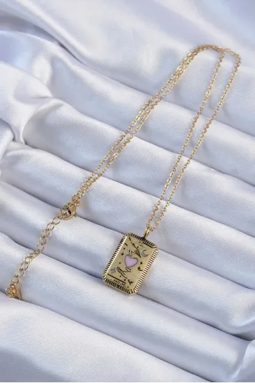 316L Çelik Zincir Eskitme Altın Renk Pembe Mineli Kalp Figürlü Tarot Kolye