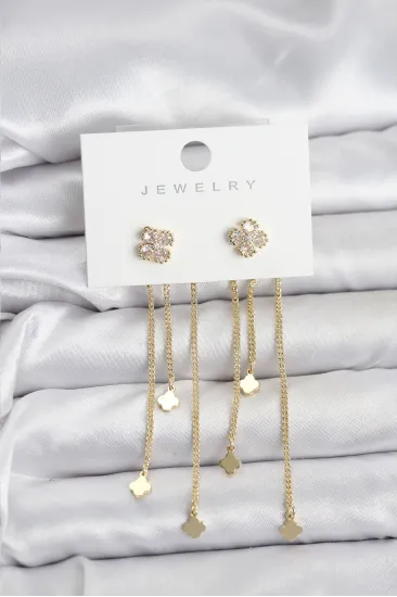 Pirinç Gold Renk Yonca Model Sallantılı Kadın Küpe Pirinç Gold Renk Yonca Model Sallantılı Kadın Küpe