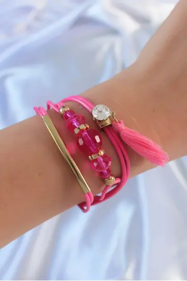 Pembe Zirkon Taşlı İpli Püskül Detay Çoklu Bileklik Pembe Zirkon Taşlı İpli Püskül Detay Çoklu Bileklik