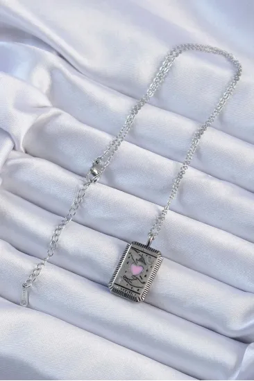 316L Çelik Zincir Eskitme Gümüş Renk Pembe Mineli Kalp Figürlü Tarot Kolye 316L Çelik Zincir Eskitme Gümüş Renk Pembe Mineli Kalp Figürlü Tarot Kolye