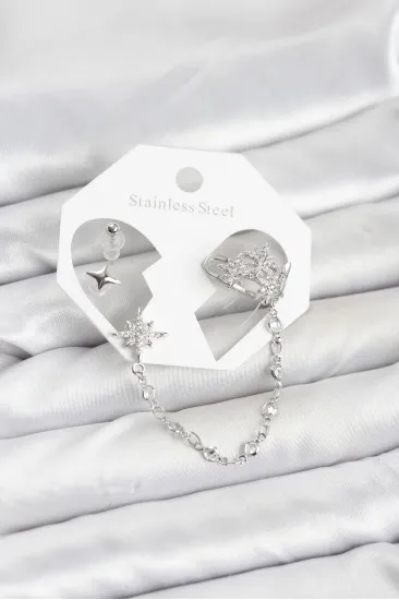 Kutup Yıldızı Model Pirinç Gümüş Renk Zincir Bağlantılı Ear Cuff Küpe Seti