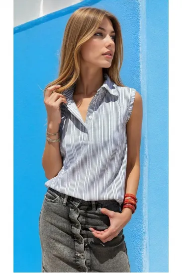 Kadın Lacivert Çizgili Fisto Kumaş, Patlı, Sıfır Kollu Yazlık Gömlek Bluz 7003422187 Kadın Lacivert Çizgili Fisto Kumaş, Patlı, Sıfır Kollu Yazlık Gömlek Bluz 7003422187