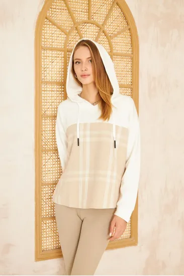 Kadın Kapüşonlu Oduncu Ekose Desenli Garnili Rahat Kesim Salaş Sweatshirt Bej Beyaz 3565231 Kadın Kapüşonlu Oduncu Ekose Desenli Garnili Rahat Kesim Salaş Sweatshirt Bej Beyaz 3565231