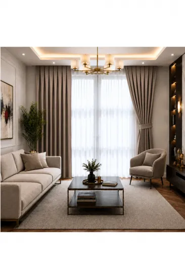 Saten Blackout Fon Perde 1x3 Sık Pile Tek Kanat Karartma Özellikli Kornişli Özel Ölçü - Koyu Bej Saten Blackout Fon Perde 1x3 Sık Pile Tek Kanat Karartma Özellikli Kornişli Özel Ölçü - Koyu Bej
