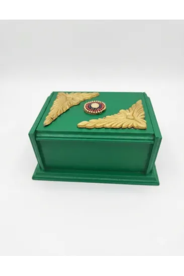 Zümrüt Yeşil Gold Detaylı Ahşap Takı ve Aksesuar Kutusu - 16x10x8 cm
