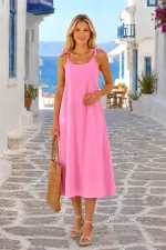 Pembe İp Askılı Keten Elbise Pembe İp Askılı Keten Elbise