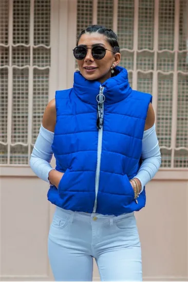 Saks Mavi Dik Yaka Beli Lastikli Cepli Kısa Şişme Yelek Saks Mavi Dik Yaka Beli Lastikli Cepli Kısa Şişme Yelek