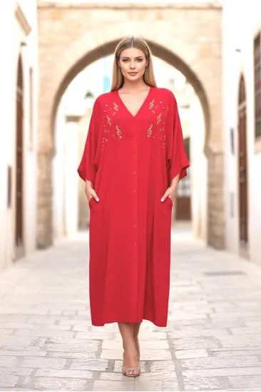 Kırmızı V Yaka Önü Nota Nakışlı Cepli Oversize Uzun Gömlek Elbise Kırmızı V Yaka Önü Nota Nakışlı Cepli Oversize Uzun Gömlek Elbise