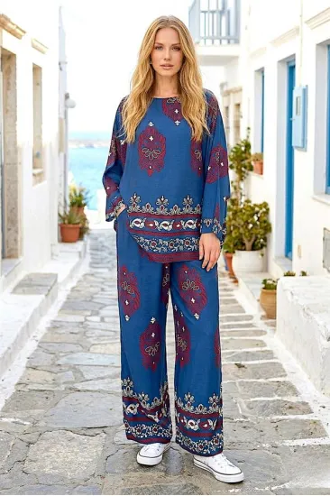 Saks Mavi Otantik Desenli Pantolon Bluz Takım