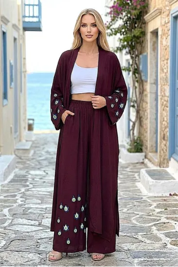 Bordo Mavi Boncuk Kimono Pantolon Takım Bordo Mavi Boncuk Kimono Pantolon Takım