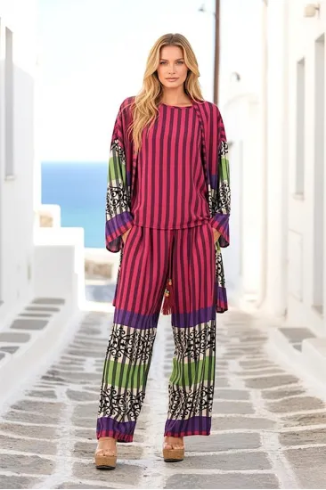 Fuşya Çizgili Tunik Bluz Pantolon Üçlü Takım Fuşya Çizgili Tunik Bluz Pantolon Üçlü Takım
