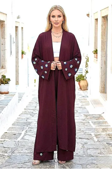Bordo Mavi Boncuk Kimono Pantolon Takım Bordo Mavi Boncuk Kimono Pantolon Takım