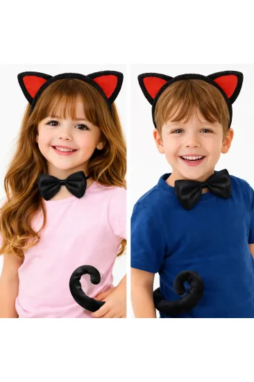 Kırmızı Kulaklı Kedi Kostüm Seti – Taç Papyon Kuyruk 3 Parça (5637)