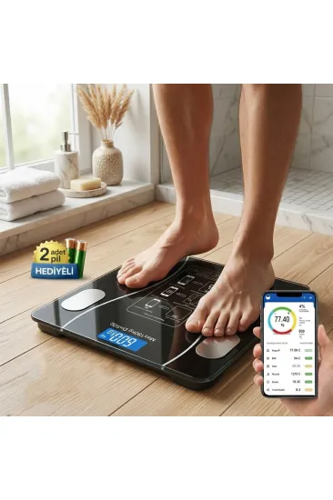 BLUETOOTH - VÜCUT ANALİZLİ DİJİTAL BASKÜL TERAZİ TARTI 180KG/50G YAĞ -SU -KAS ORAN -BMI (5637)
