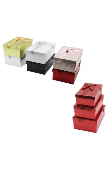 3PCS D.DÖRTGEN PARLAK MİX RENKLİ - KABARTMA DESEN KARTON HEDİYE KUTUSU KURDELALI 22.5X15.5-20.5X13.5-18.5X11.5CM (5637)
