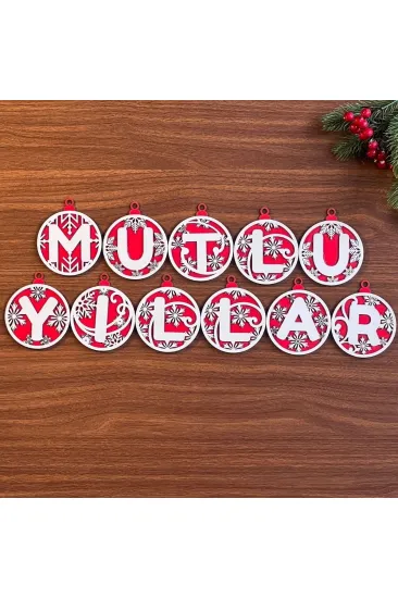 11 Harfli Kırmızı Beyaz İpli MUTLU YILLAR Yazılı Ahşap Yılbaşı Ağaç Süsü (5637)