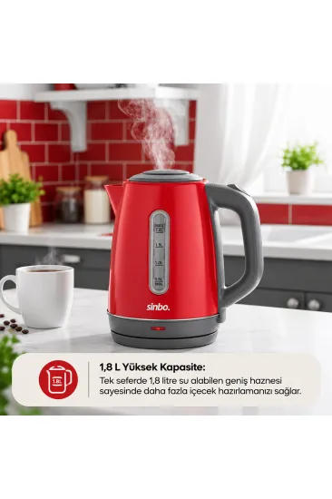 KIRMIZI ÇELİK KETTLE SU ISITICISI KABLOSUZ KULLANIM 1.8LT 360 DERECE DÖNEBİLME OTOMATİK KAPANMA SK-8031 (5637)