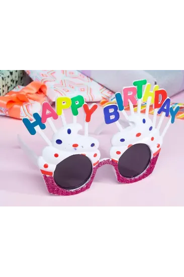 Happy Birthday Yazılı Beyaz Fuşya Renk Parti Gözlüğü 12x7 cm (5637)