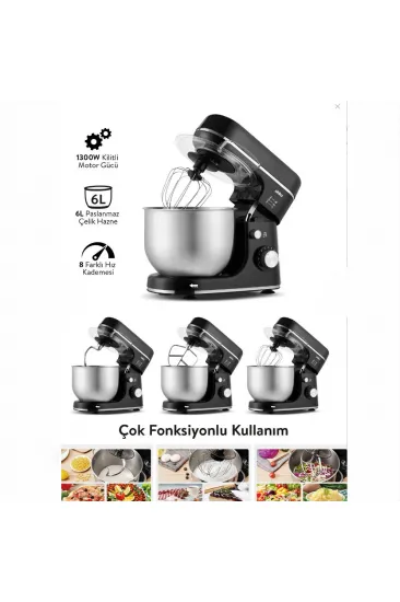 SİYAH STANDLI MİKSER ÇIRPICI - HAMUR YOĞURUCU - KARIŞTIRICI 8 KADEME HIZ AYAR 6L ÇELİK HAZNE 1300W SMX-2769 (5637)