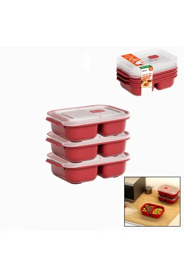 3 PCS KIRMIZI BÖLME DİKDÖRTGEN SAKLAMA KABI SETİ 1200ML (5637)
