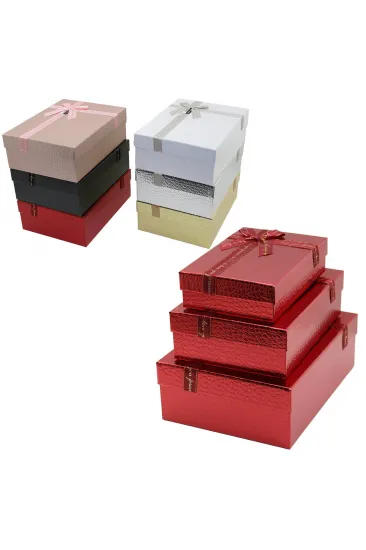 3PCS D.DÖRTGEN PARLAK MİX RENKLİ - KABARTMA DESEN KARTON HEDİYE KUTUSU KURDELALI 33X24.5-28.5X20.5-24X16.5CM (5637)