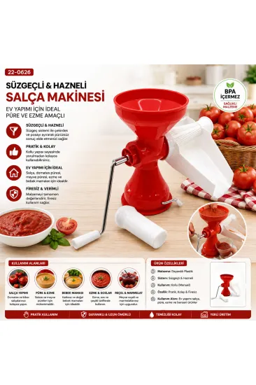 PLASTİK SÜZGEÇLİ - HAZNELİ SALÇA MAKİNESİ  METAL KOLLU EV YAPIMI FİRESİZ PRATİK KULLANIM BRKT-312007 (5637)