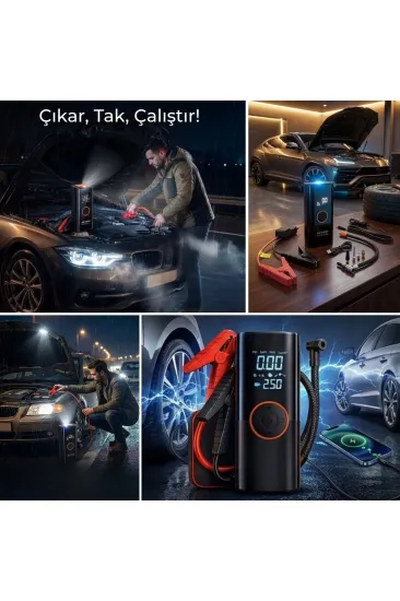 Akü Takviye Cihazı ve Lastik Şişirme Pompası – Powerbank Özellikli, Dijital Ekranlı SOS Fenerli Taşınabilir Kompresör (5637) Akü Takviye Cihazı ve Lastik Şişirme Pompası – Powerbank Özellikli, Dijital Ekranlı SOS Fenerli Taşınabilir Kompresör (5637)