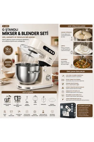 STANDLI MİKSER - BLENDER SETİ HAMUR YOĞURUCU - ÇIRPICI - KARIŞTIRICI 8KADEM. HIZ AYAR 12LT HAZNE 2000W SMX-2779 (5637)